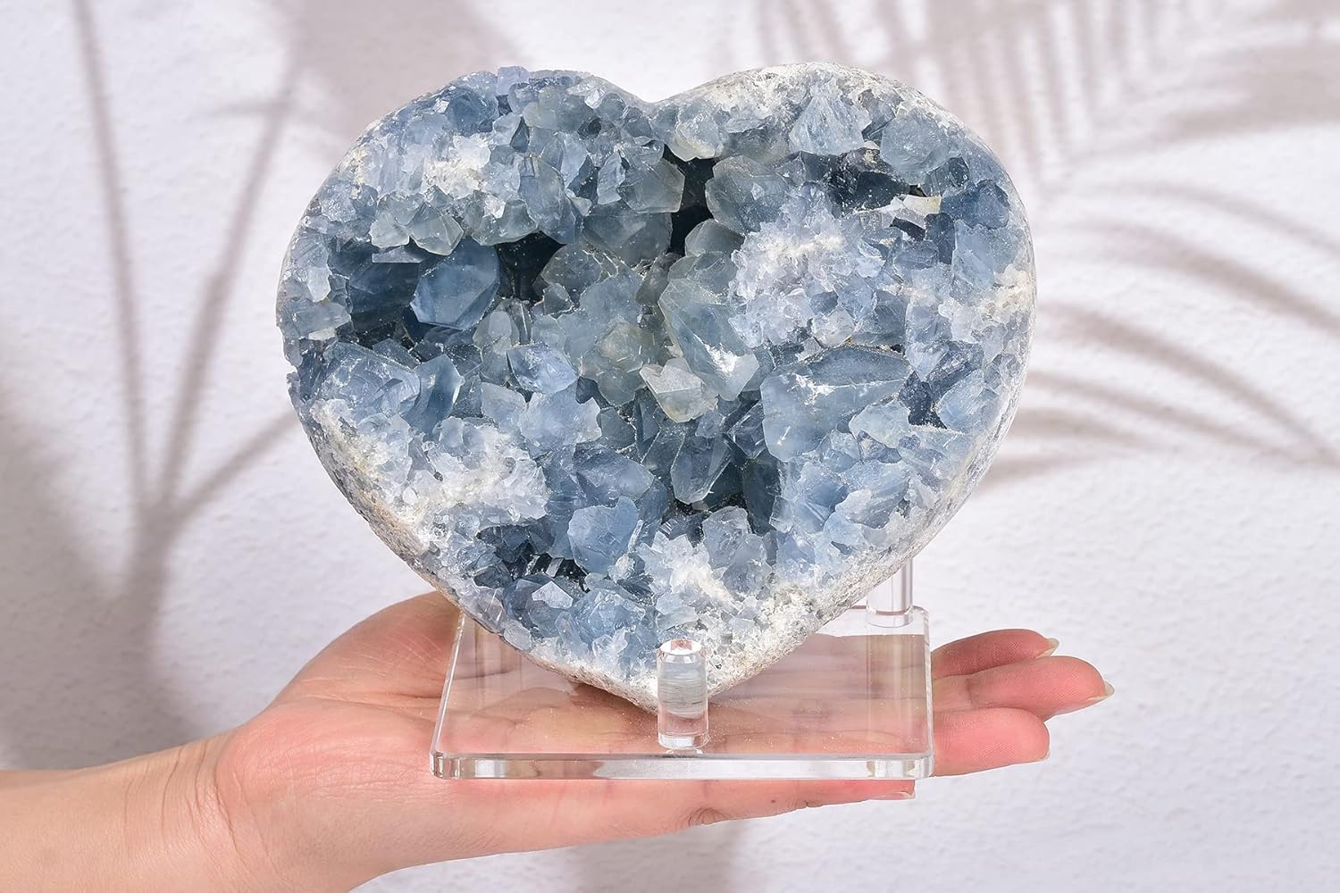 AMOYSTONE Heavy Heart Celestite Crystal Geode for Home Gifts Blue Crystal Cluster with Plastic Display Rack 5.8-6.2"
