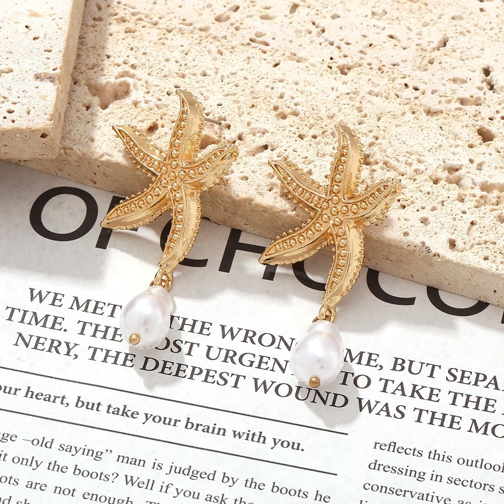 Gold Starfish Pearl Earrings for Women Hawaiian Earring Starfish Dangle Earrings Hypoallergenic 14K Gold Plated Sea Star Earrings Beach Summer Holiday Ocean Jewelny - Size 2.25"L x 1.1"W - Image 4