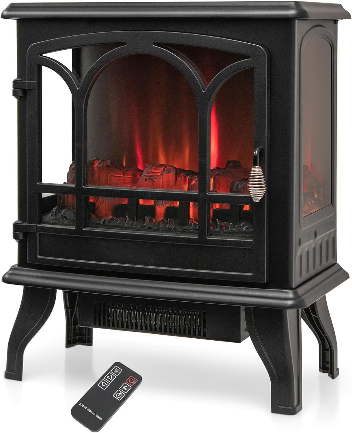 Tangkula 23 Inch Electric Fireplace Stove, Freestanding Fireplace Heater with Vivid Flame Effect, 3-Sided Panoramic View, Overheat Protection, 1400W Space Heater, Ideal for Home & Office