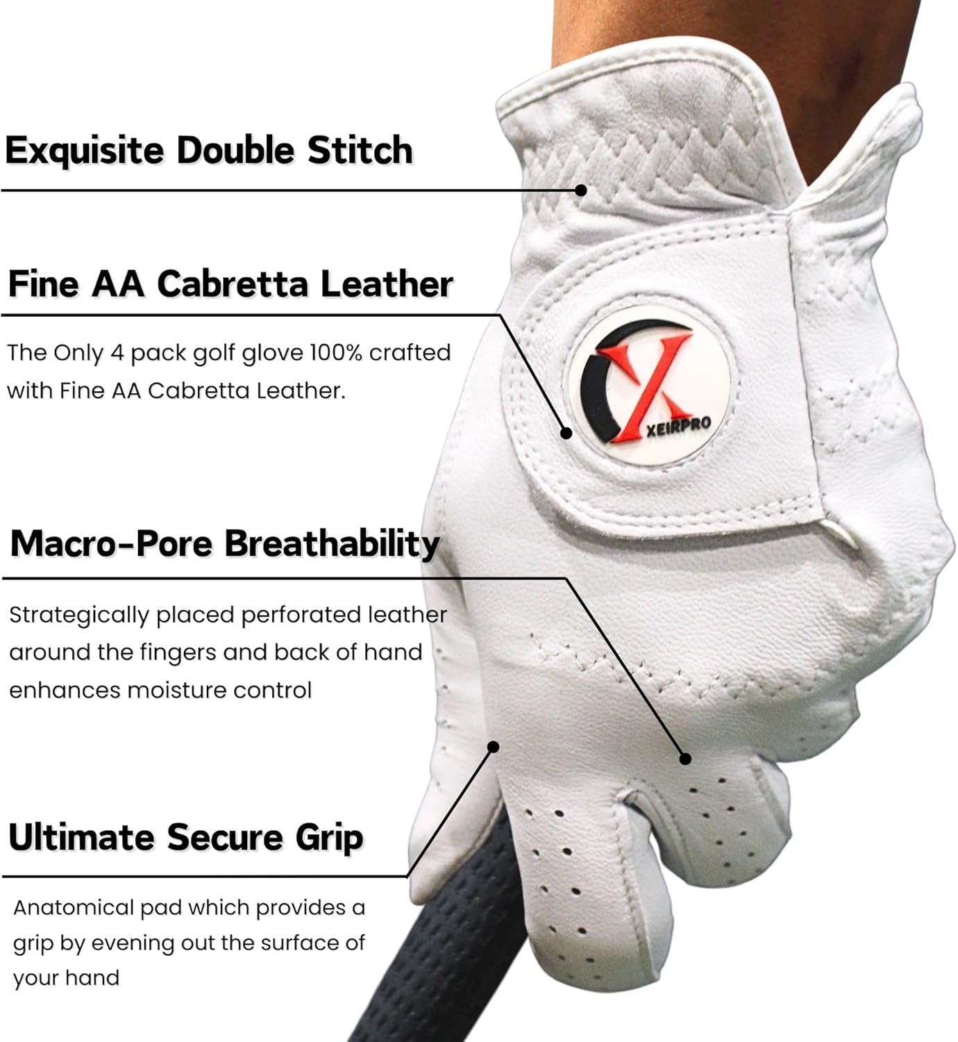 Men's Golf Gloves Value 4 Pack | 100% Finest AA Cabretta Leather | Breathable and Durable Golf Gloves for Men | White Golf Gloves Worn On Both Left and Right Handed Golfers