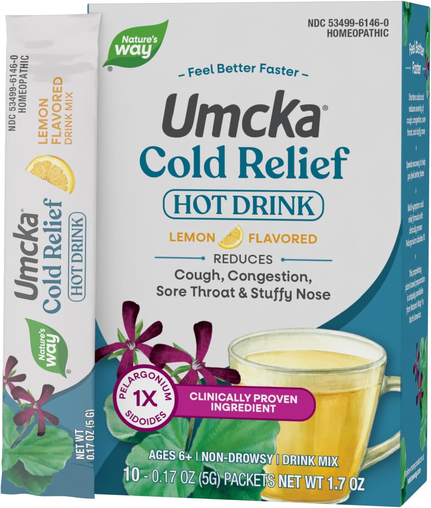 Cold Relief Hot Drink, Umcka, Homeopathic, Clinically Proven Pelargonium Sidoides 1X, for Cough, Congestion, Sore Throat, Stuffy Nose, Lemon Flavored, 10 Packets