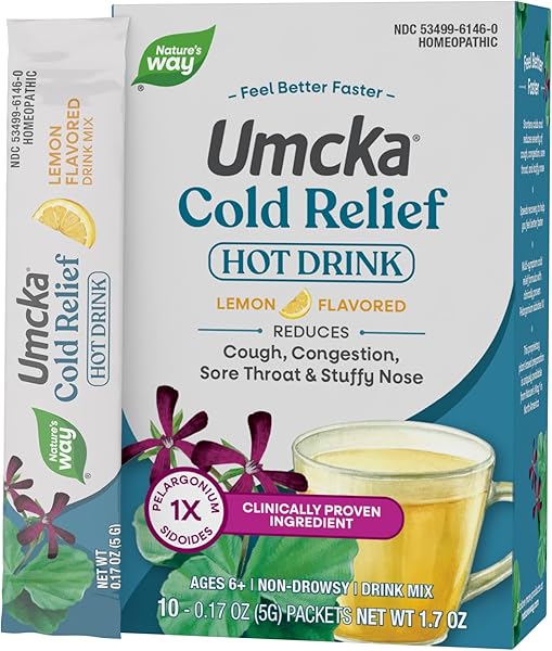 Nature's Way Cold Relief Hot Drink, Umcka, Homeopathic, Clinically Proven Pelargonium Sidoides 1X, for Cough, Congestion, Sore Throat, Stuffy Nose, Lemon Flavored, 10 Packets