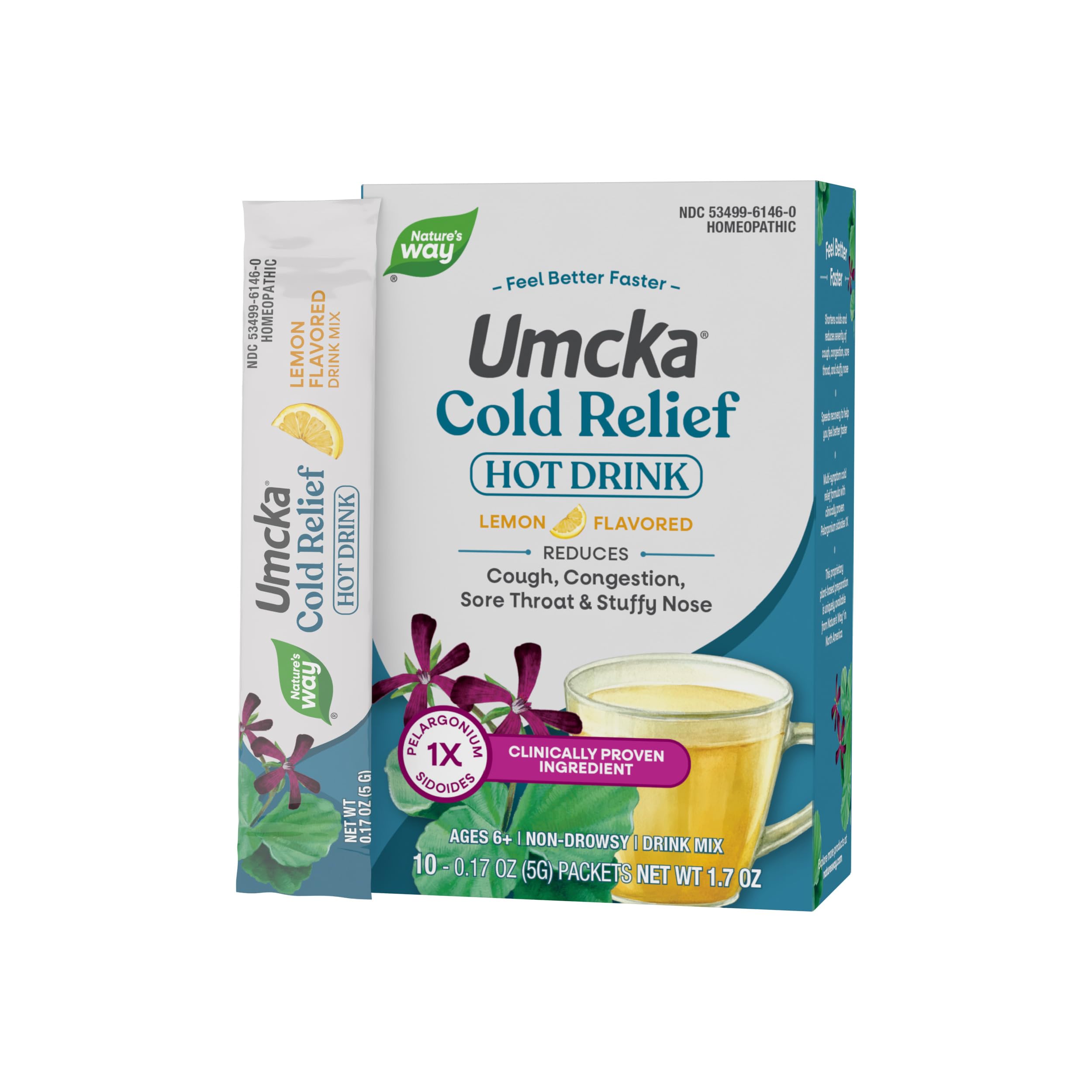 Nature's Way Cold Relief Hot Drink, Umcka, Homeopathic, Clinically Proven Pelargonium Sidoides 1X, for Cough, Congestion, Sore Throat, Stuffy Nose, Lemon Flavored, 10 Packets (Packaging May Vary)