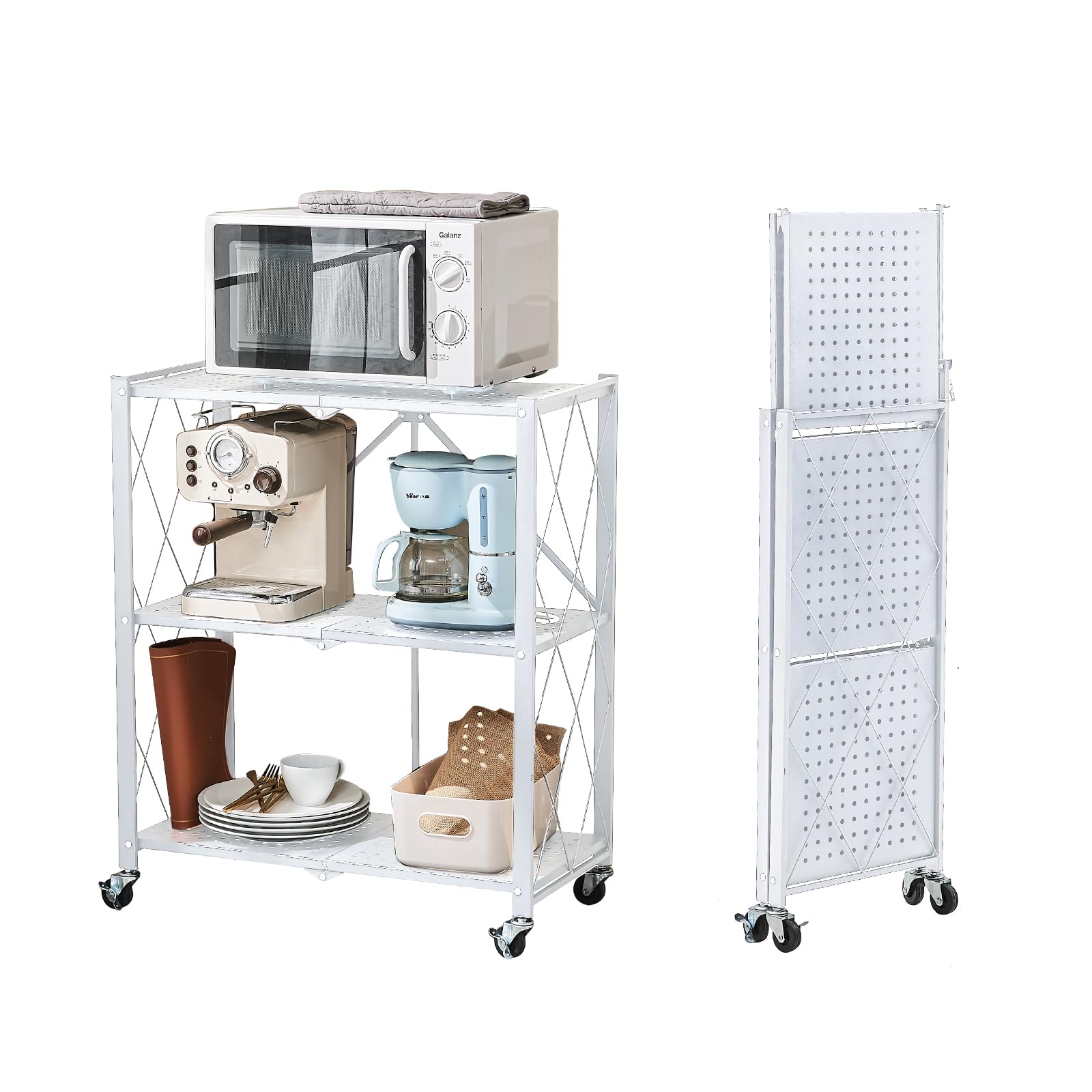 brian & dany 3-shelf foldable storage shelves with wheels, no assembly folding shelf metal rack, shelving unit for kitchen, garage, white