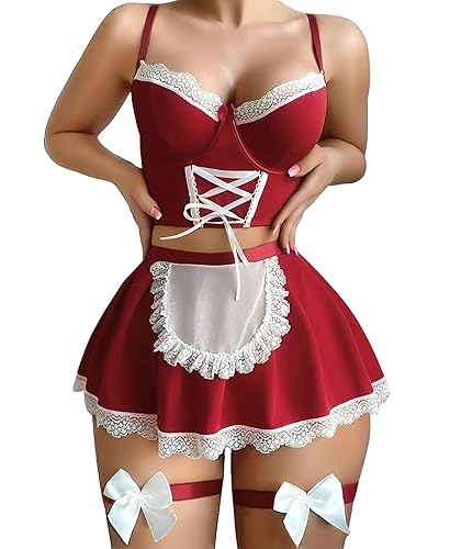 RSLOVE Damen Dessous Sets Kostüm - Sexy Maid Outfit Unterwäsche Negligee Kleid für Cosplay - S - Weinrot