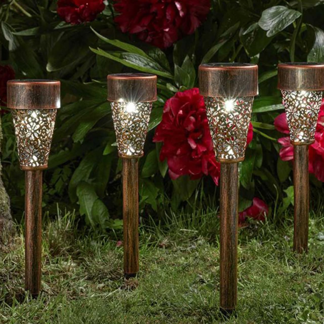 Mysmartbuy.com Bronze 4 X Damask Solar Powered Stake Lights – Weather Resistant Metal Outdoor Garden Led Silhouette Lighting For Patio, Decking, Pathway, Entryway, Lawn, Border, Yard - Each H36.5 X 6Cm Diameter