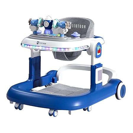 Leotoon 2-in-1 Monsieur Baby Walker | Adjustable Height | Musical Tray | Infant Activity Walker | Unisex | LED Decorated | Foldable Design | Foot Mat | Anti Fall | Rear Wheels With Speed Control | 4 Multi-Directional Mute Wheels | Oxford Seat | BIS Certified | (Blue) (6-24 Months)