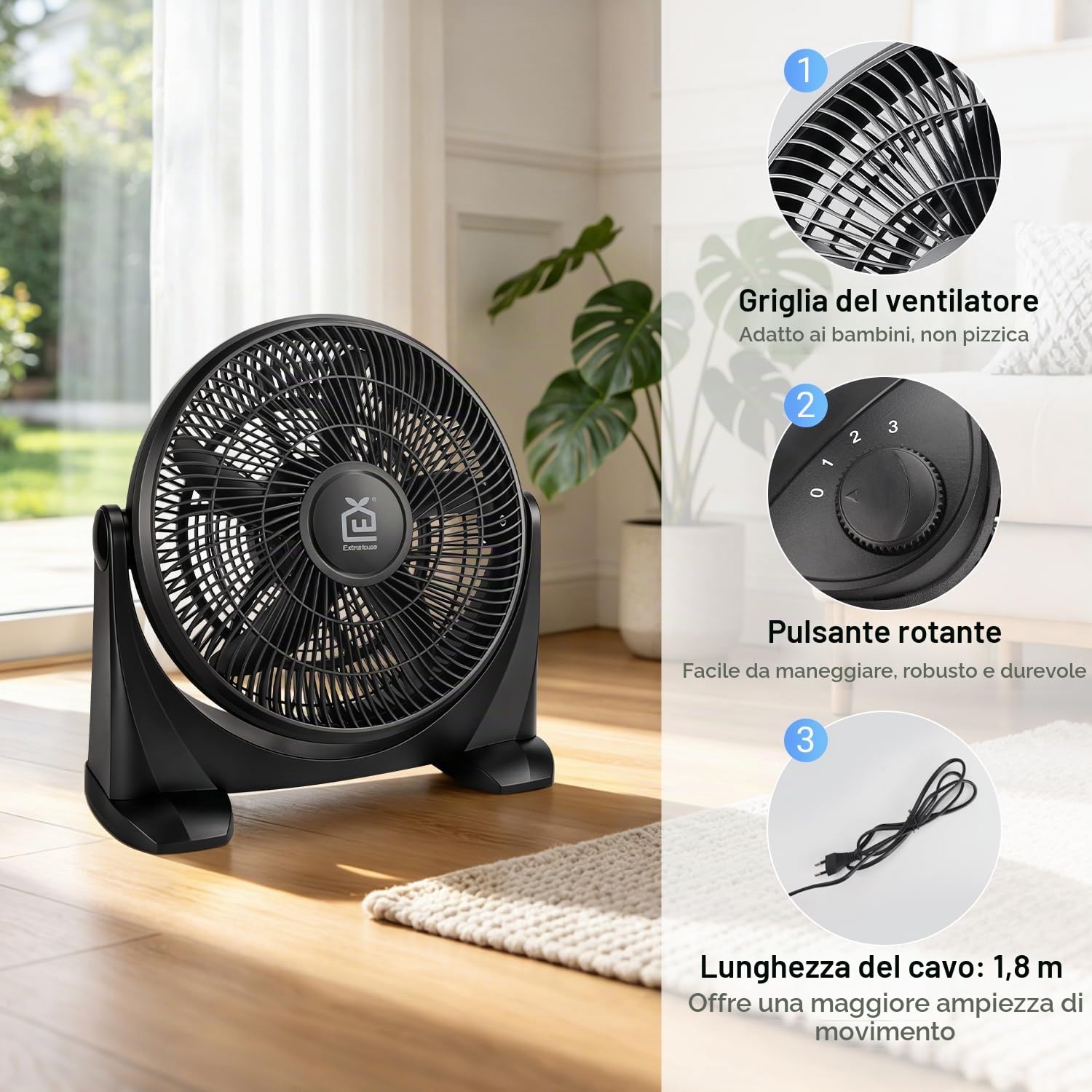 Ventilatore da tavolo silenzioso e potente, 38 cm, 5 pale, 1300 giri/min, 55 W, inclinazione 90° e 3 velocità, raffreddamento ottimale massima sicurezza, griglia di sicurezza, dissipazione termica