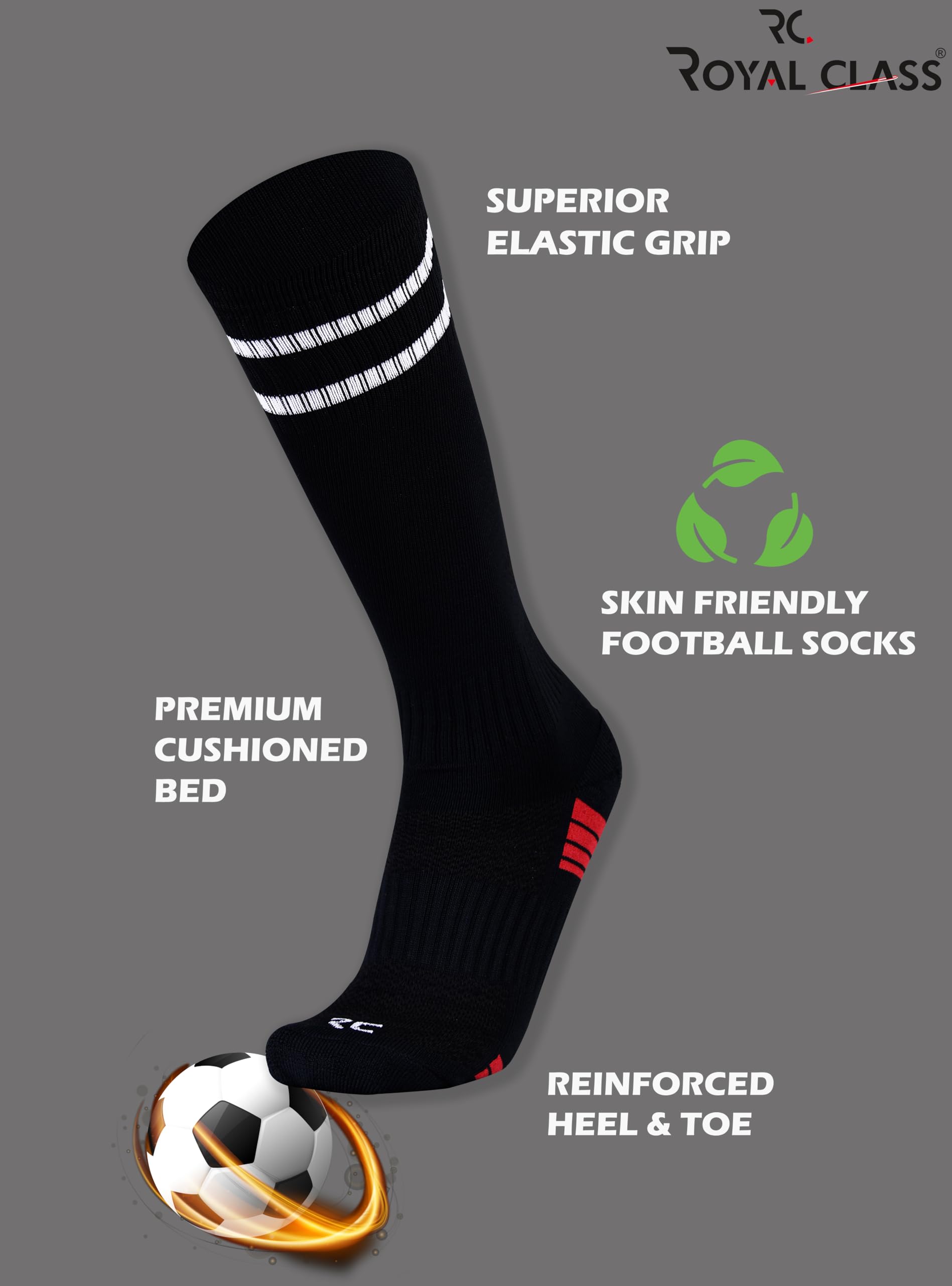RC. ROYAL CLASS Football Socks -Knee High Unisex, Cushioned Sole, Soft & Breathable, Moisture Wicking, Anti-Odour, Football/Soccer Socks For Kids to Adults (Pack of 1 Pair)(8-10 Years) Black 2