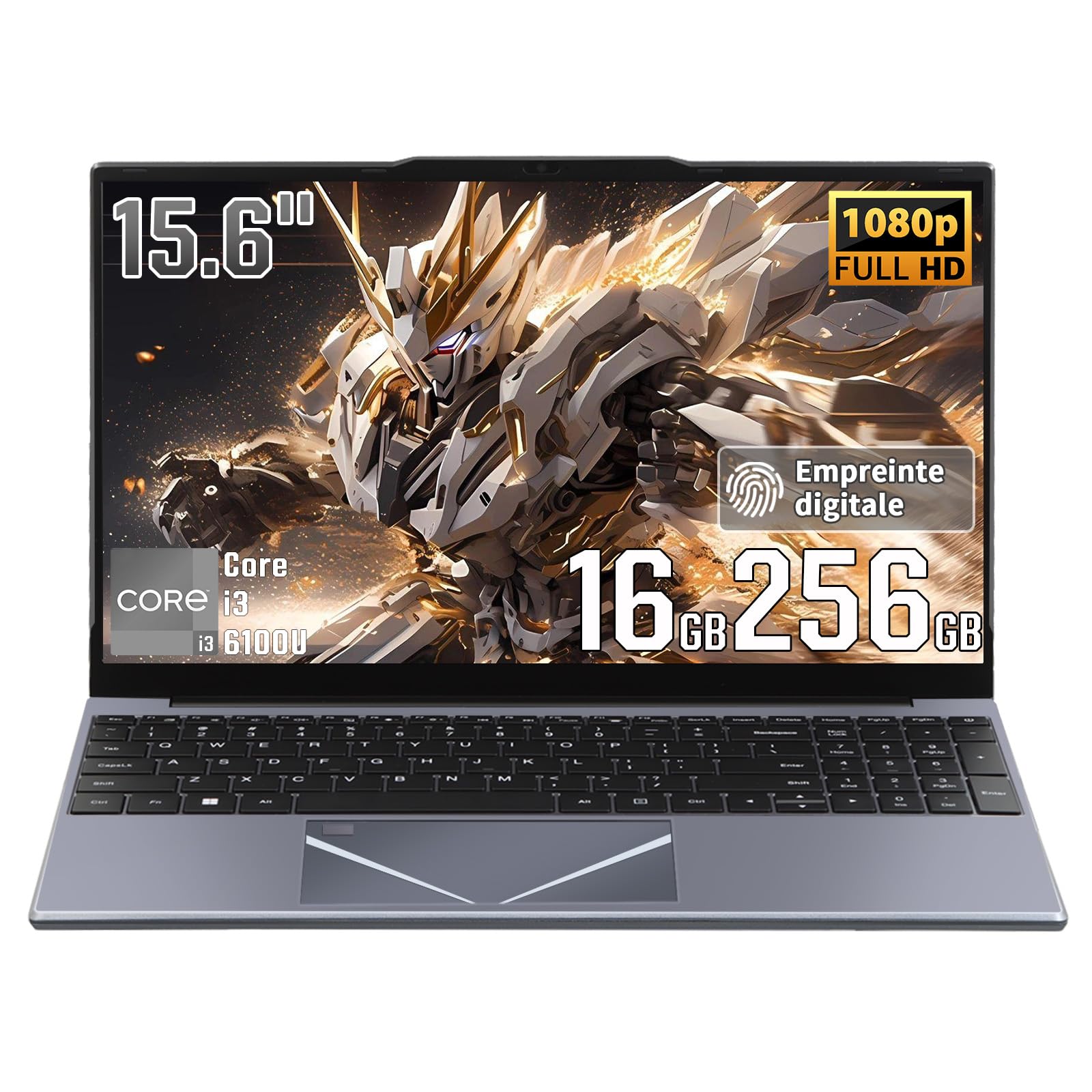 Ordinateur Portable 15,6 Pouces, Win11 Pro Core i3-6100U,16 Go RAM,Clavier Rétroéclairé AZERTY,ecteur d'Empreintes Digitales,PC Portable Léger Télétravail et Bureau (Gris, 16G+256G SSD)