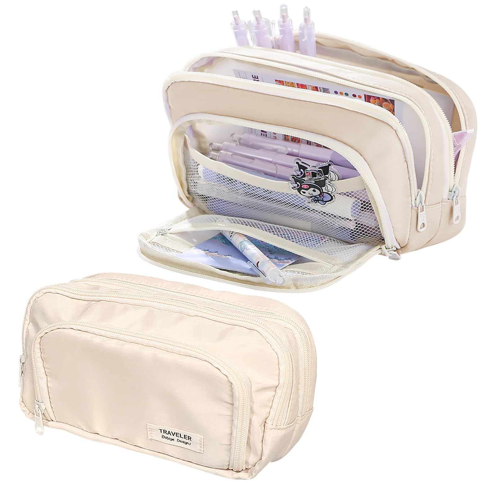 Lvjkes Estuche Escolar, Estuche para Lápices con 3 Compartimentos Alta Capacidad, Organizador de Papelería Grande Estético para Niños, Chico, Chica, Adolescentes, Estudiantes, Beige,21 x 13 x 7 cm
