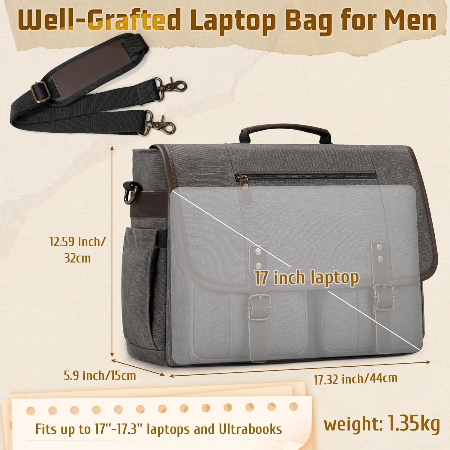 RAINSMORE Mens Messenger Bag 17-17.3 Inch Vintage Canvas Briefcase Water-resistant Large Computer Laptop Bag Rugged Satchel Shoulder Bag for Work Travel, Bookbag for College - Image 6