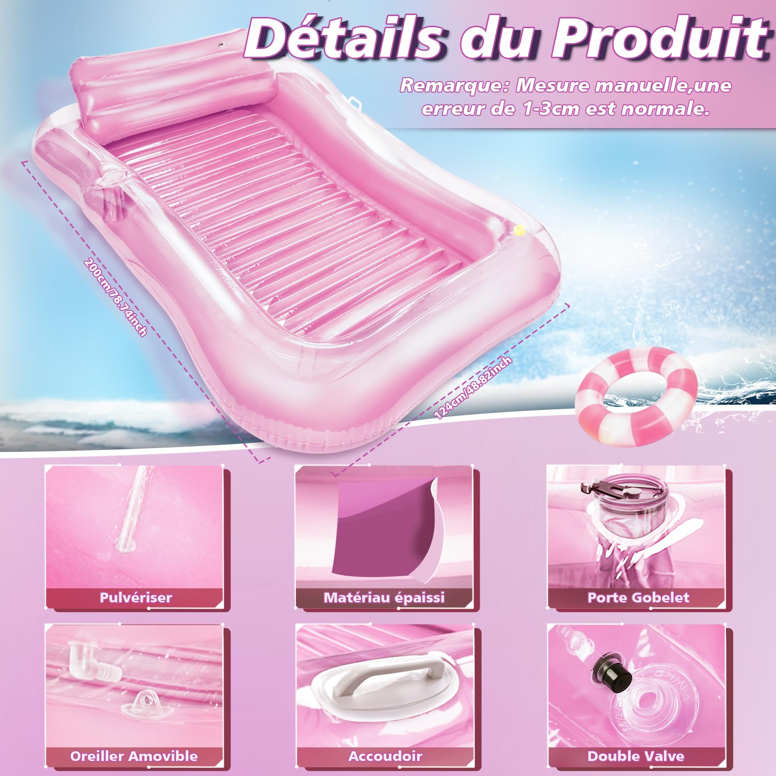 JONRRYIN Matelas Gonflable Adultes, Hamac Flottant avec Dossier Tanning Pool, Fauteuil de Bain avec Coussins 200 × 124 cm pour Fêtes de Plage et Piscine