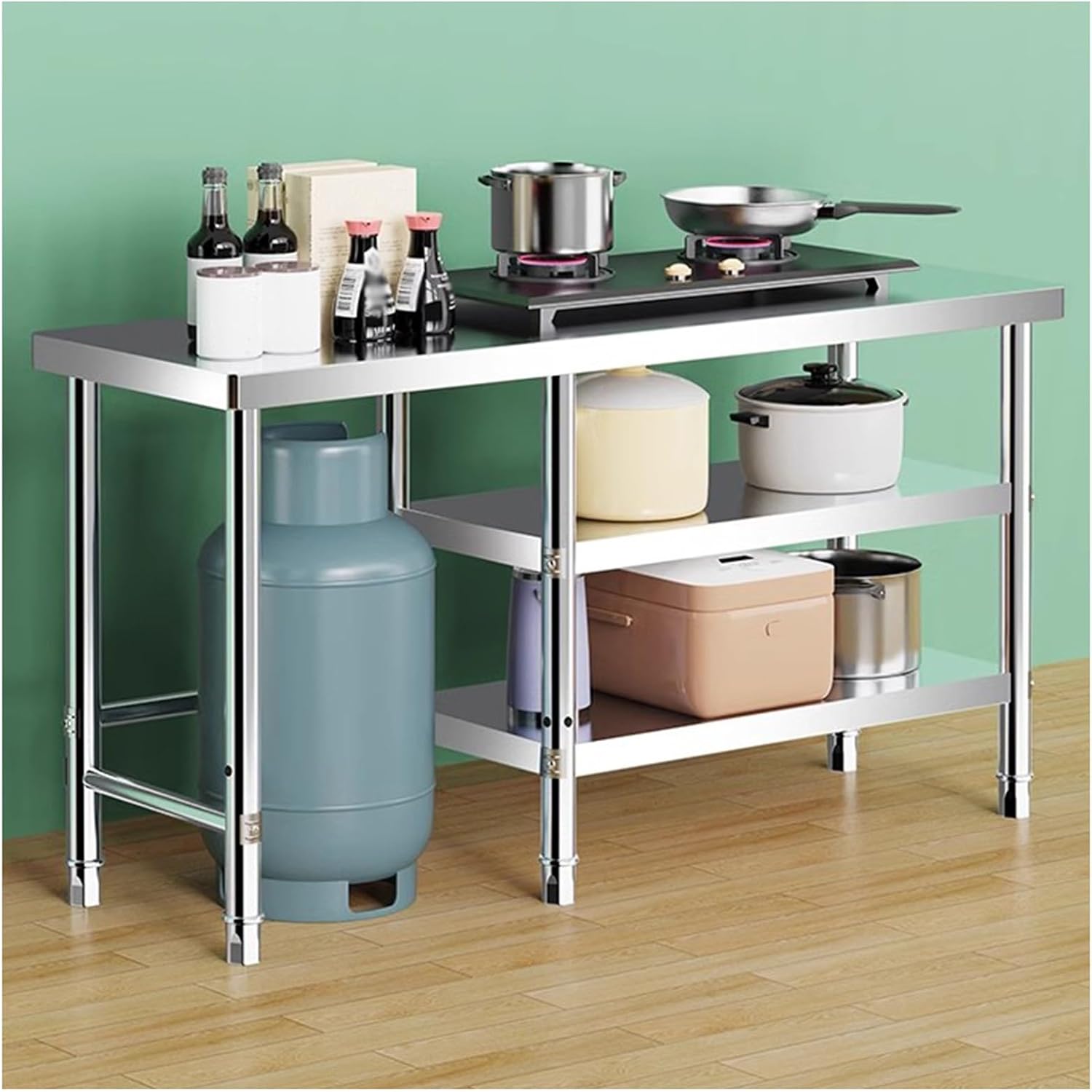 Combination Workbench Thickened and Thick Stainless Steel Rounded Corner Cooktop Shelf Kitchen Multifunctional Preparation Table Open Storage Shelf Metal Table Sturdy and Stable