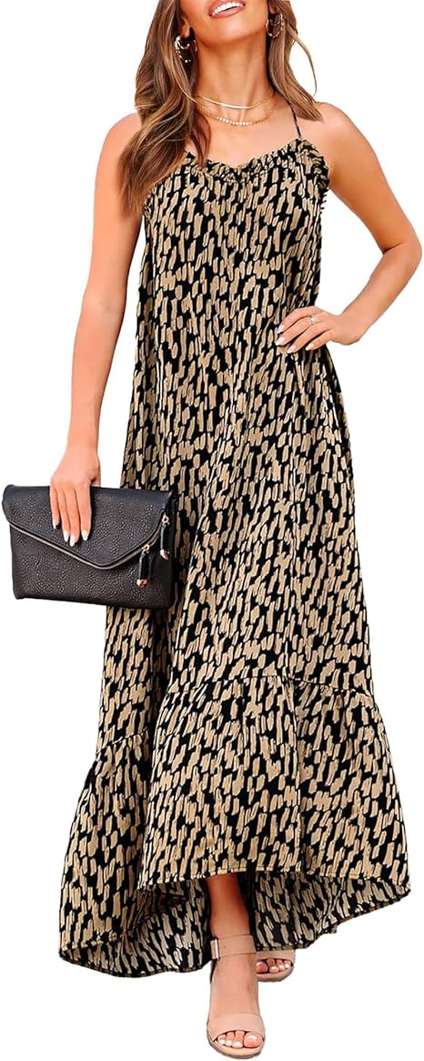 BTFBM Women Casual Summer Dresses 2023 Spaghetti Strap Sleeveless Sundress Print Ruffle Flowy Boho Beach Long Maxi Dress
