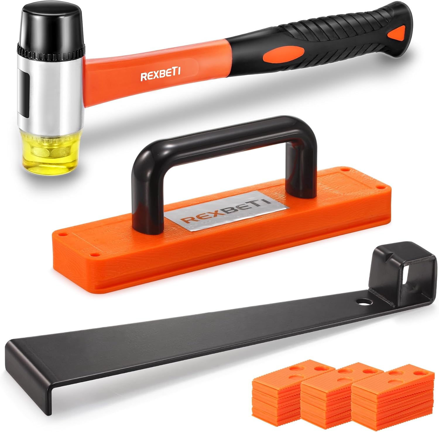 REXBETI 43-Piece Upgraded Laminate Flooring Tools, Wood Flooring Installation Kit, Solid Tapping Block with Handle, Durable Pull Bar, Diameter 1 3/8″ Reinforced Double-Faced Mallet, 40 Spacers