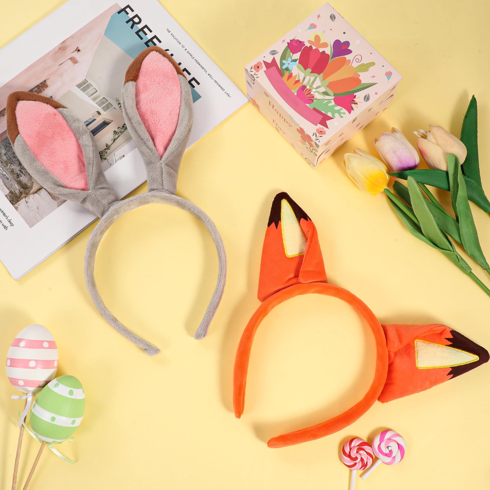 MWOOT Ears królik opaska na głowę, opaska na uszy, królik i lis, 2 sztuki karnawałowy kostium dla pary Cosplay, śliczne pluszowe uszy dla kobiet mężczyzn
