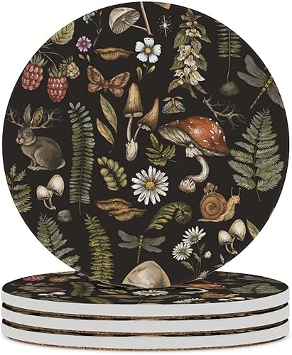 Posavasos botánicos, posavasos redondos de cerámica redondos, 4 unidades, diseño de plantas vintage, diseño botánico de dibujos animados, hongos, disponible en Yaxa Costa Rica