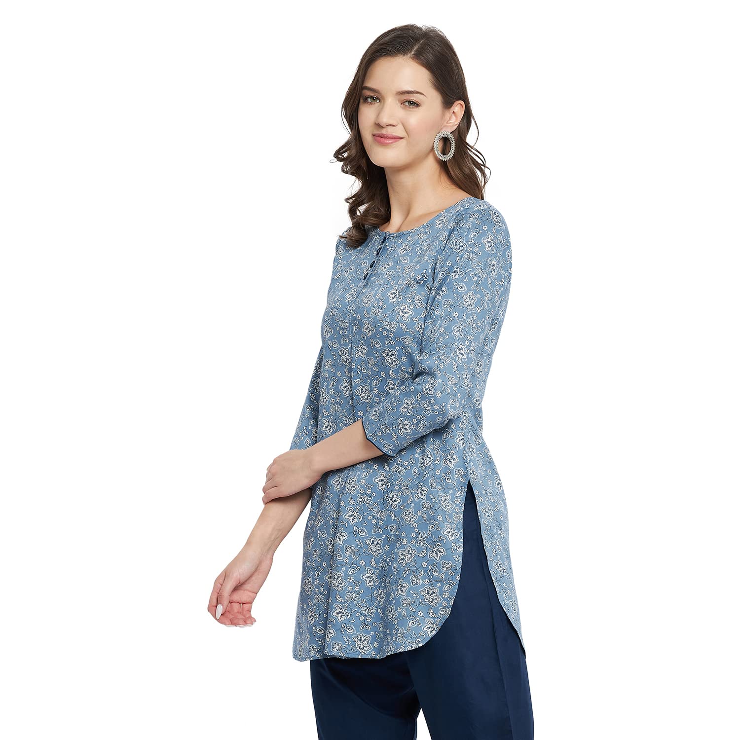 Tissu Women's Rayon Blue & White Floral Printed Kurti (Tissu2171_Blue_S)
