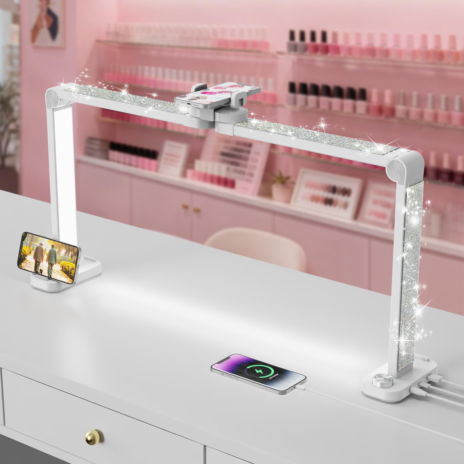 iVict Nail Desk Lamp, 34" Nails Tech Light with Phone Stand, 0-100% Adjustable Brightness, 3000K-6000K Color Temperature Led Desk lamp for Nail, Tattoos, Eyebrows, Beauty(Diamond, Large)