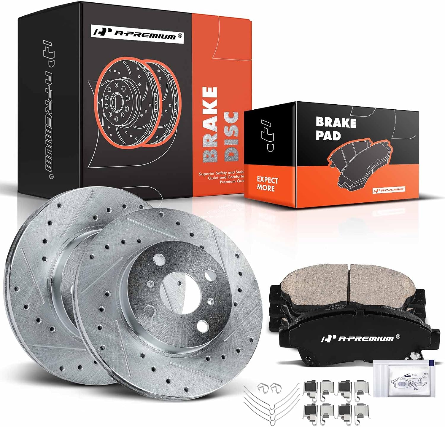 A-Premium 10.04 inch (255mm) Front Drilled and Slotted Disc Brake Rotors + Ceramic Pads Kit Compatible with Select Toyota and Geo Models - Corolla/Prizm 1993 1994 1995 1996 1997, 6-PC Set