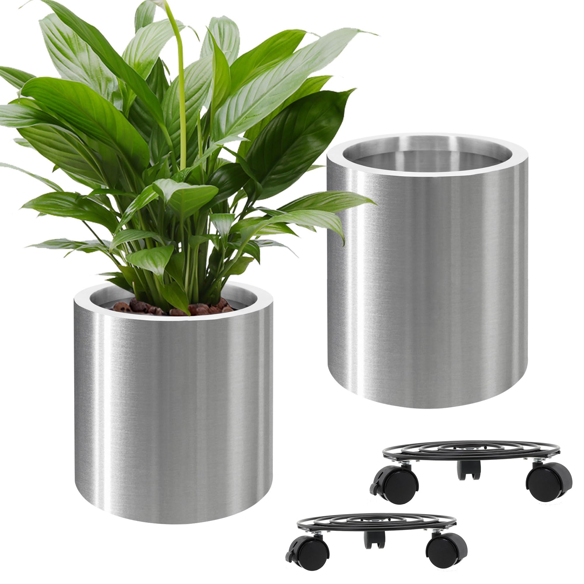 Longrun 25CM & 30CM Stainless Steel Cylindrical Plants Pot, Large Home Patio Décor Gardening Flower Pot, Includes Tray with Universal Wheels