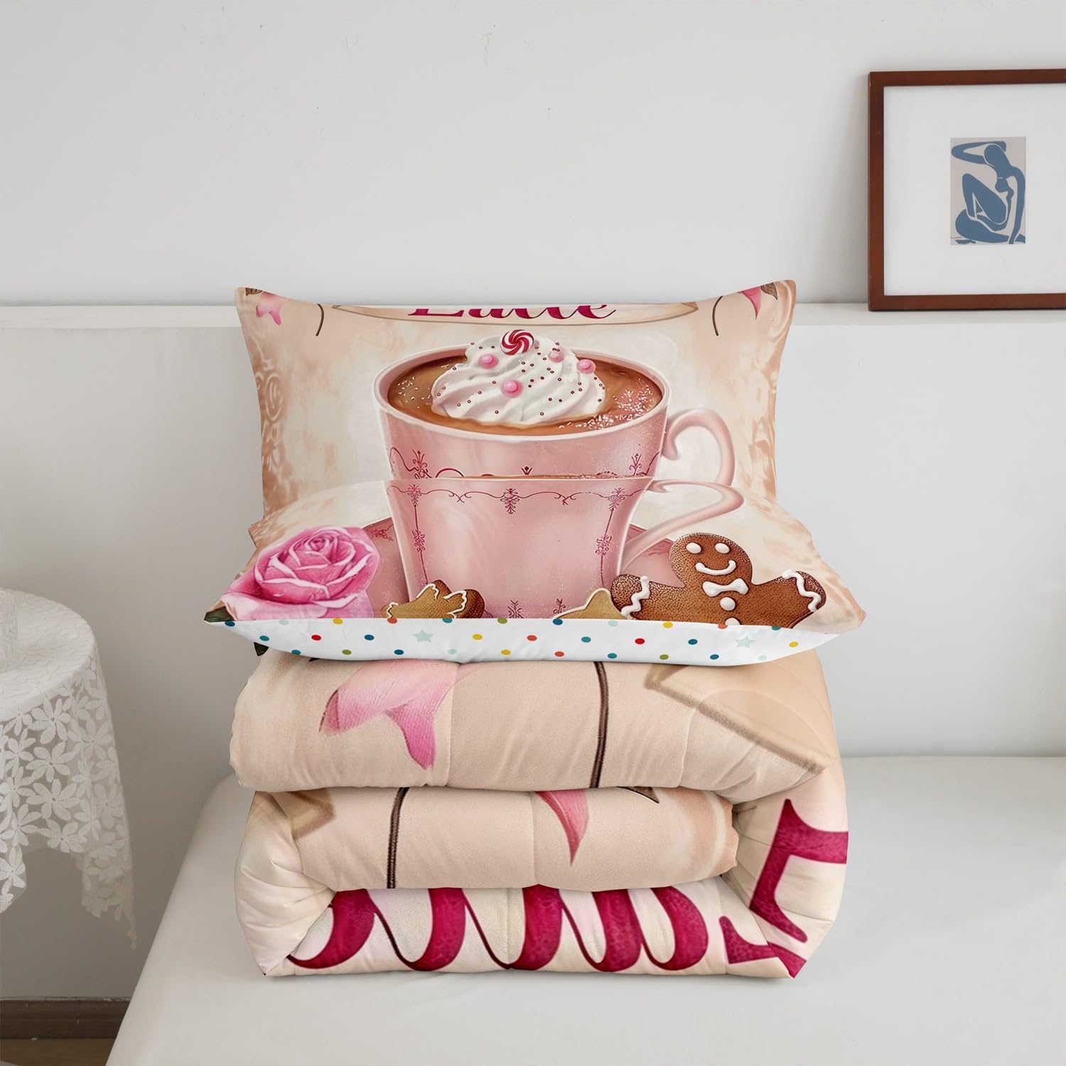 Erosebridal Girls Latte Bedding Set,Pink Bowknot Roses Queen Comforter Set for Kids Teens Adults,Delicious Dessert Bed Set,Cream Coffee Down Comforter Bedroom Decor