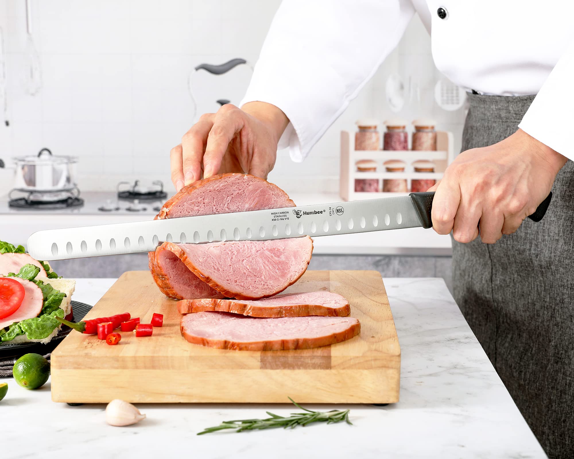 Carving Knife 14-Inch with Razor Sharp Granton Edge for Turkey, Ham, Meat Slicing and Cutting – NSF Certified, German Stainless Steel Blade, Black — Amazon image 5