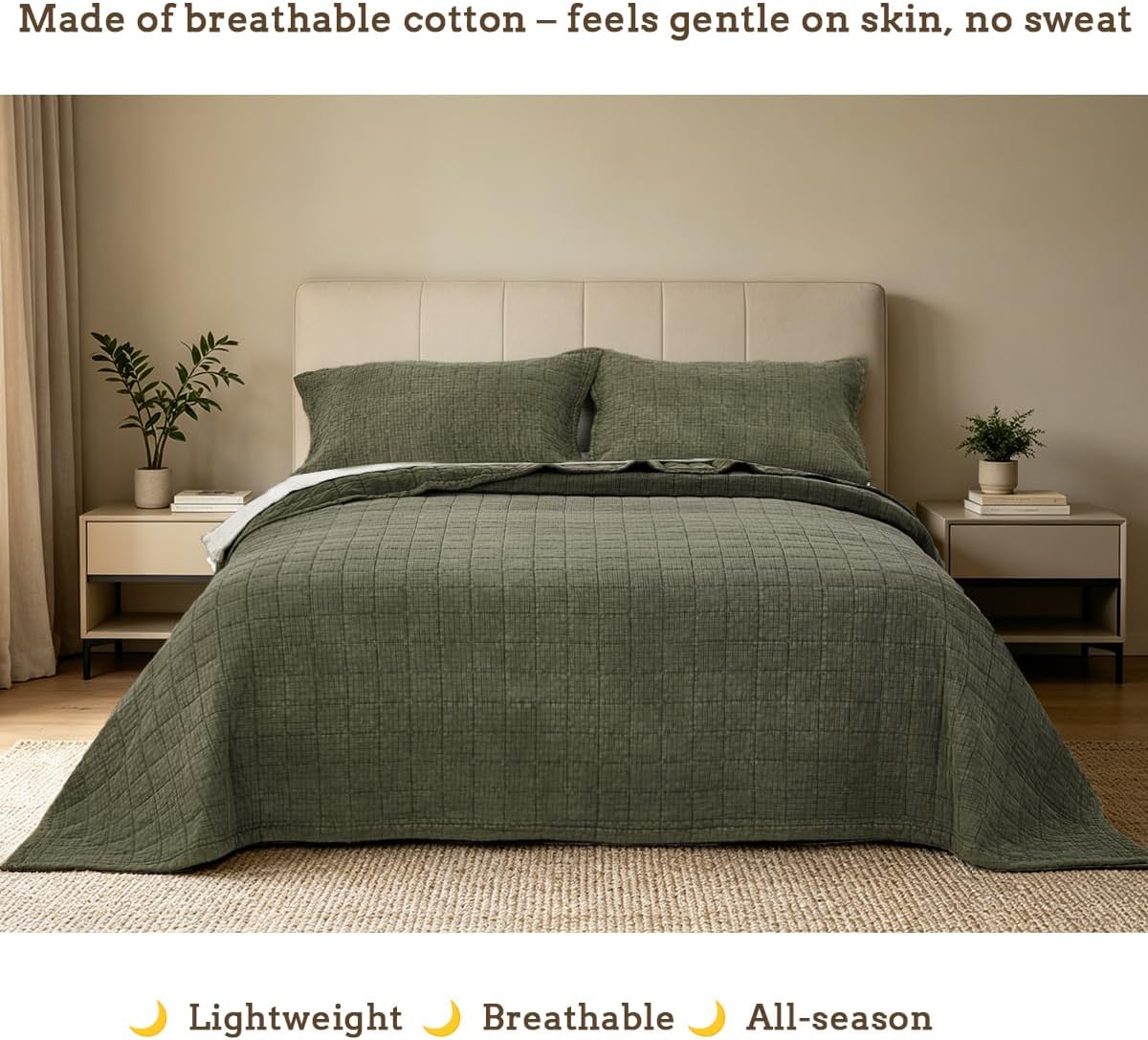 Cotton Quilt Set Oversized King Size Breathable Bedspread Coverlet 120x128 Soft Waffle Textured Extra Large Blanket All Season 3 Pieces Comforter Bedding Set with 2 Pillow Sham,Olive Green