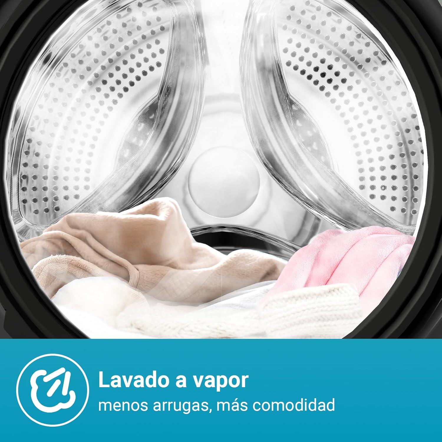 Inside of the washing machine drum with clothes, showing steam effect.