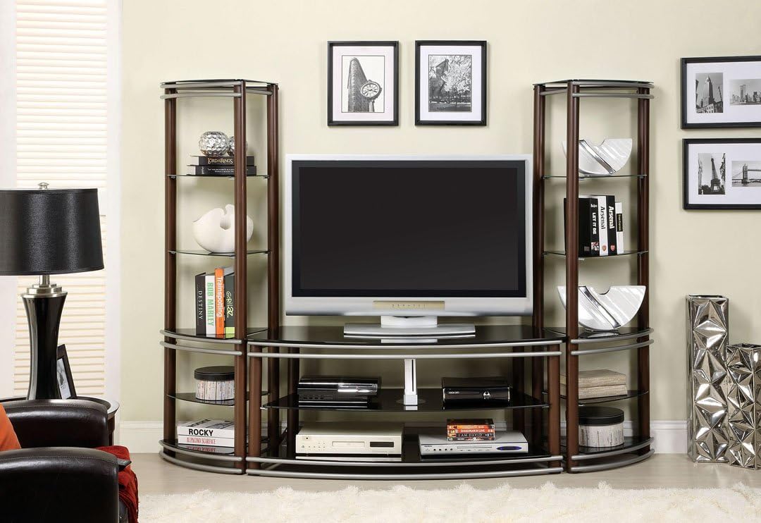 Contemporary Black Tempered Glass 2 Pier Brown and Silver Entertainment Center Wall Unit