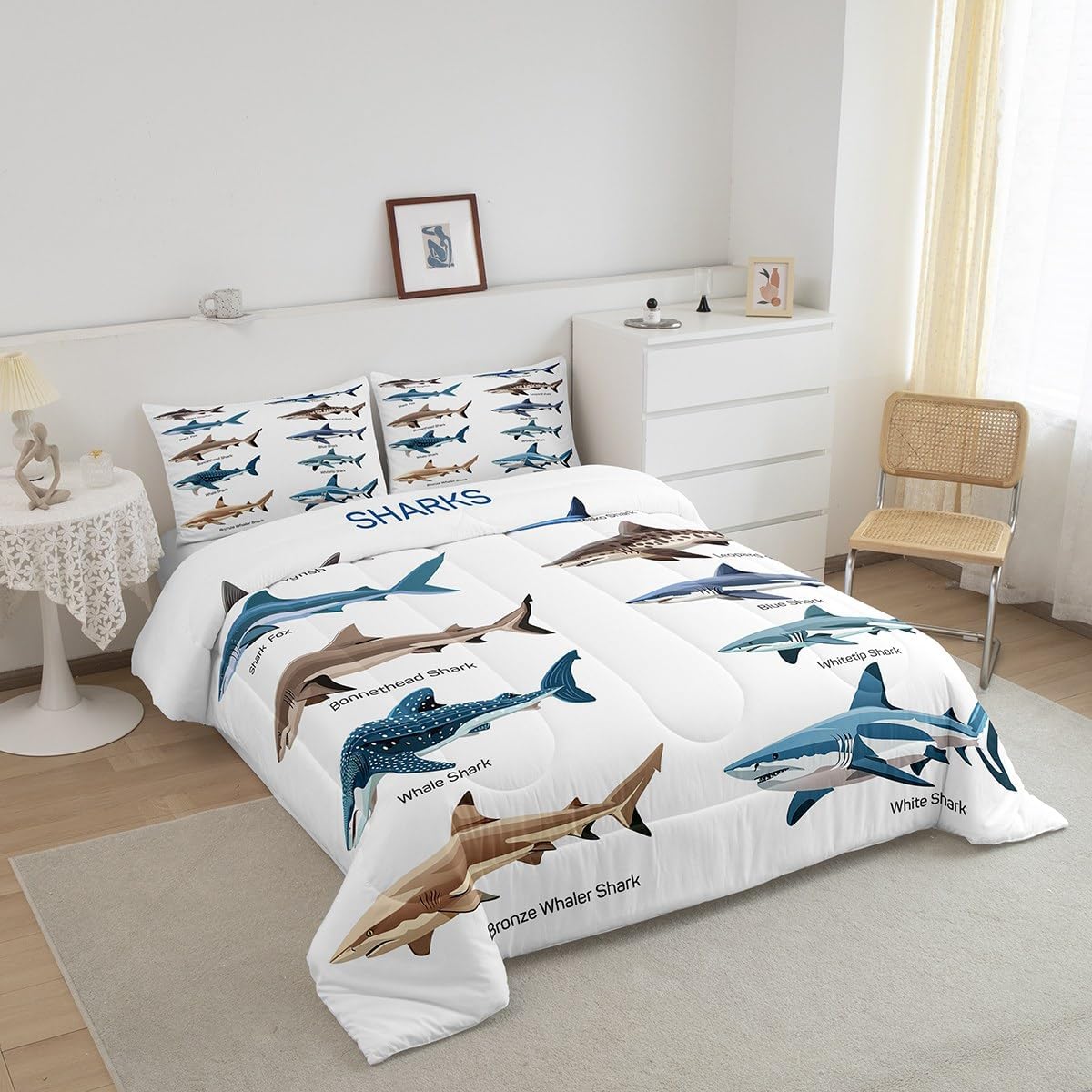 Erosebridal Cartoon Shark Comforter Set Full,Coastal Animal Bedding for Kids Boys,Shark Species Bedding Comforter Sets,Ocean Marine Fish Duvet Insert with 2 Pillowcases Lightweight - Image 3