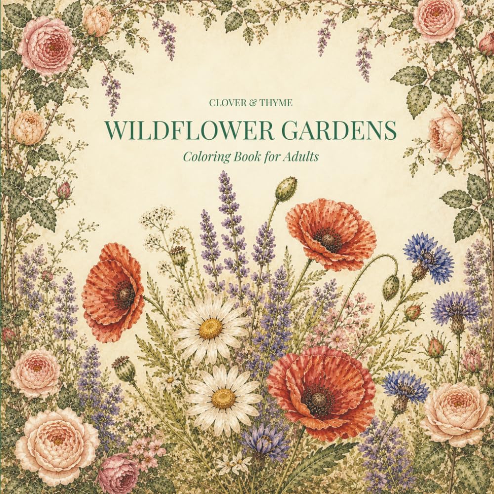Wildflower Gardens Coloring Book for Adults: Cottagecore Botanical Illustrations: 45 Meadow & Garden Designs for Stress Relief and Creative Calm ... Vol. 1) (Clover & Thyme Coloring Series)