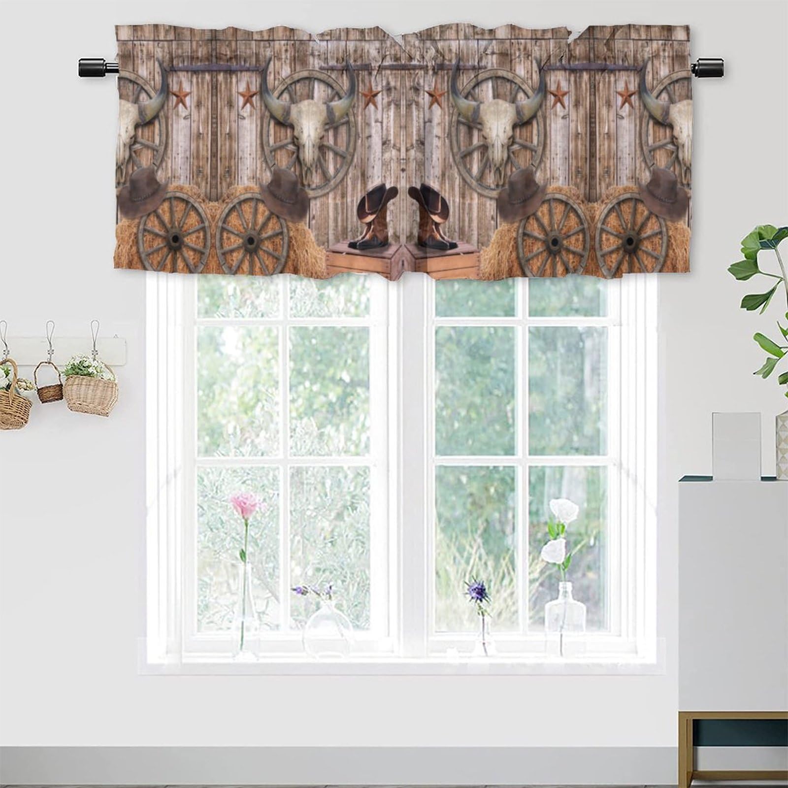 Western Texas Star Print Kitchens Valances For Window,Rustic Country Wooden Board Cowboy Boots Wheel Cow Skull Rod Pocket Curtain Valance for Bathroom