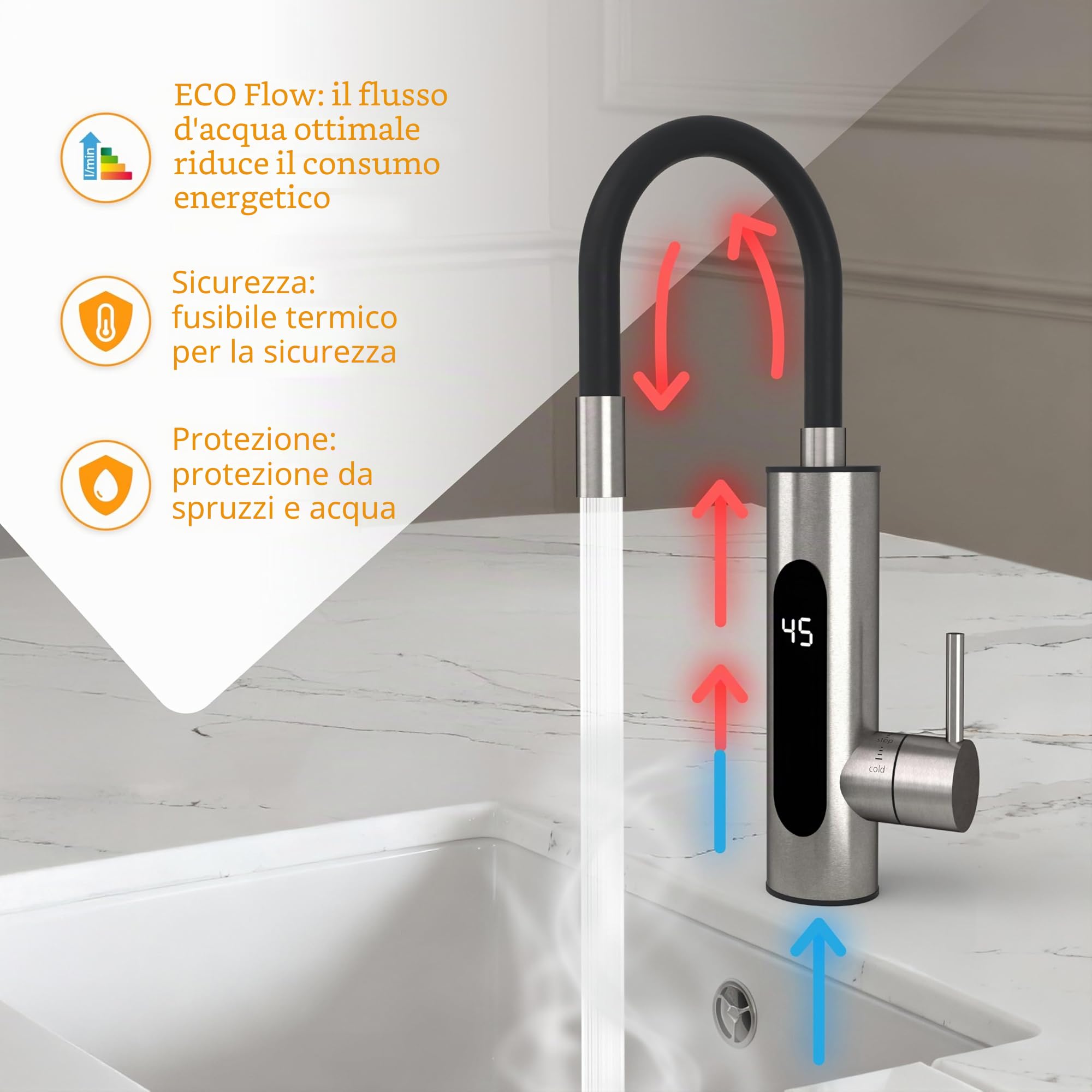 HOGART Rubinetto elettrico con scaldabagno 230 V per cucina, giardino, bagno, roulotte, campeggio, 2 accessori, Smart Heater, rubinetto con scaldabagno istantaneo, rubinetto, boiler