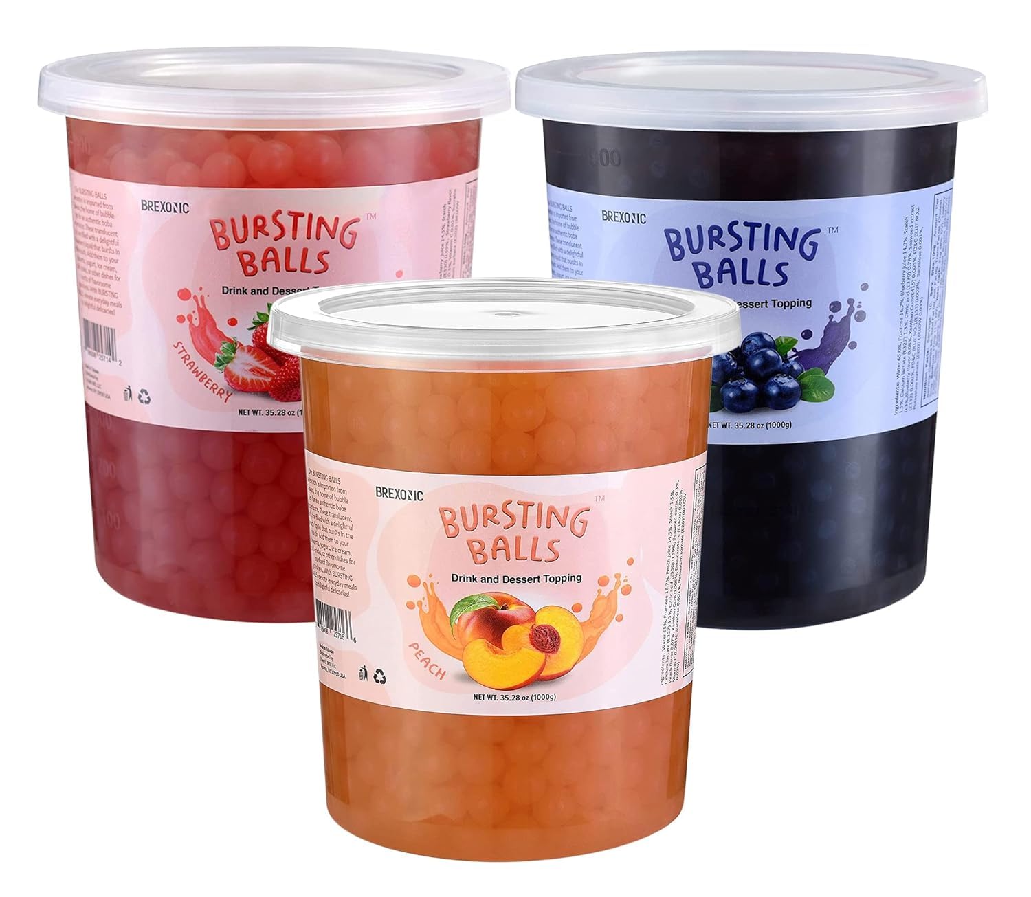 3 Flavors Popping Boba Pearls Bursting Tea Balls Drink & Dessert Topping Strawberry, Blueberry, Peach Flavored Bubble Tea Pearls (Blueberry, Strawberry, Peach, 2 LB, Pack of 3)