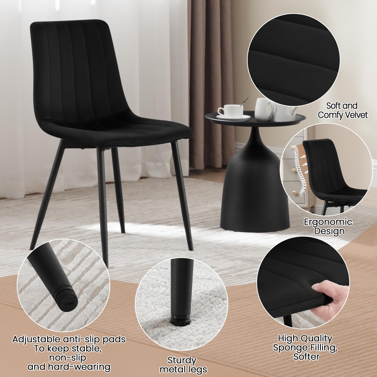 Chaises de Salle à Manger,Velours,Noir | Chaise Rembourrée avec Dossier, Pieds en Métal, sans Accoudoir, pour Salle à Manger, Salon et Chambre