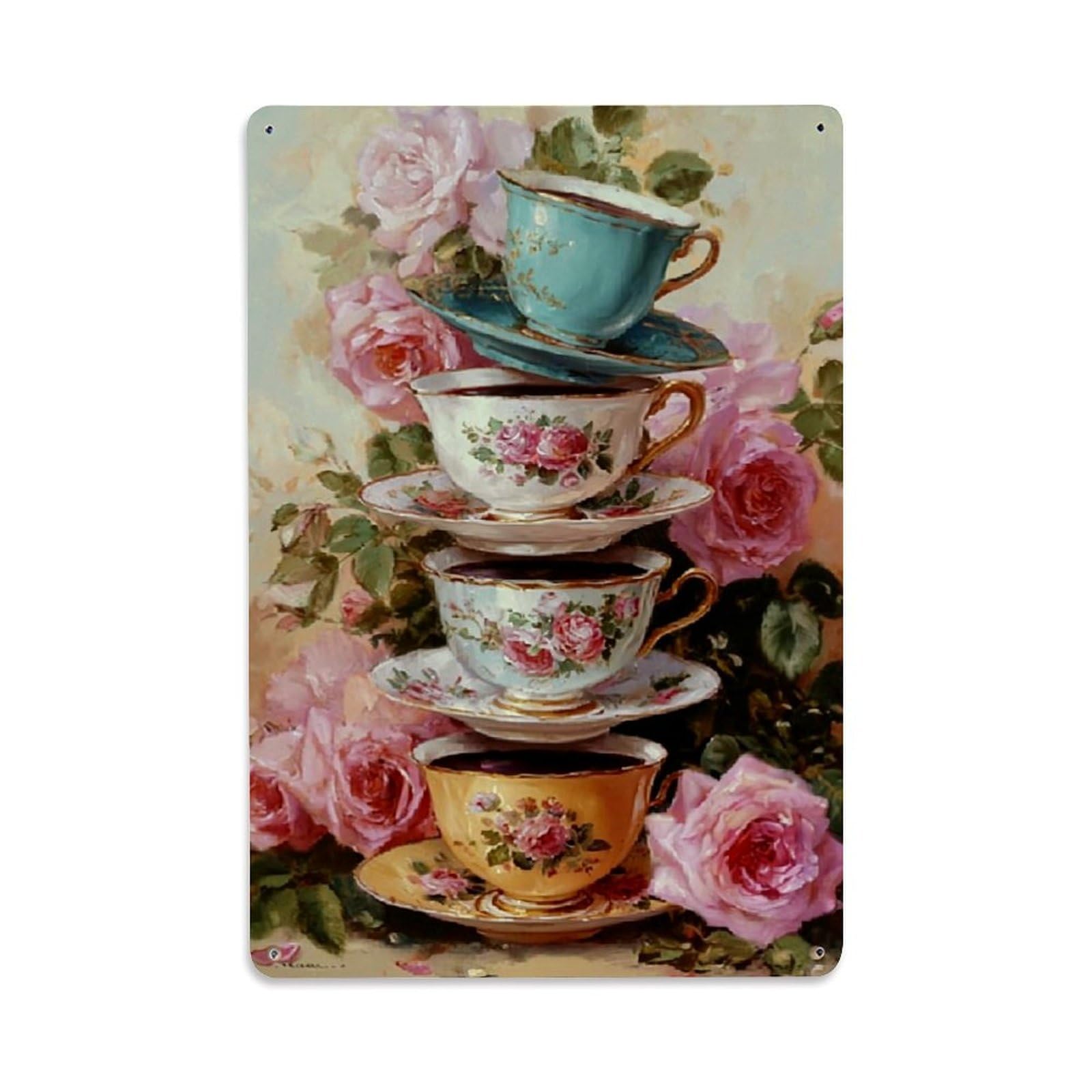 Floral Tea Cup Stack Roses Retro Metal Tin Sign, Vintage Decor Art Poster for Bar, Home, Man Cave, Kitchen, Laundry Room Gift 8x12Inch