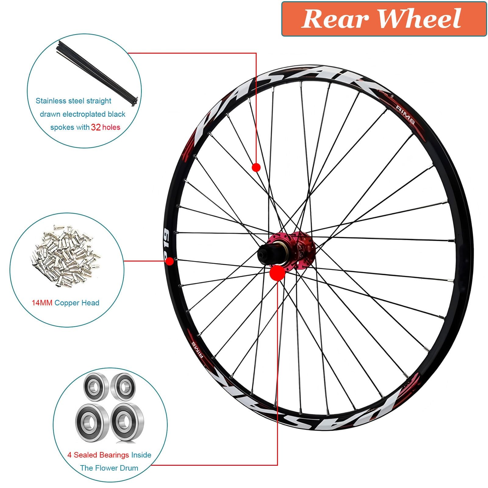 AuroraXQ Koła Rowerowe MTB 26/27,5/29" Aluminium HB08/P19HG Hamulce Tarczowe, 7-12 Biegów, Opony 1.25-2.25"(Czerwony,26 cali)
