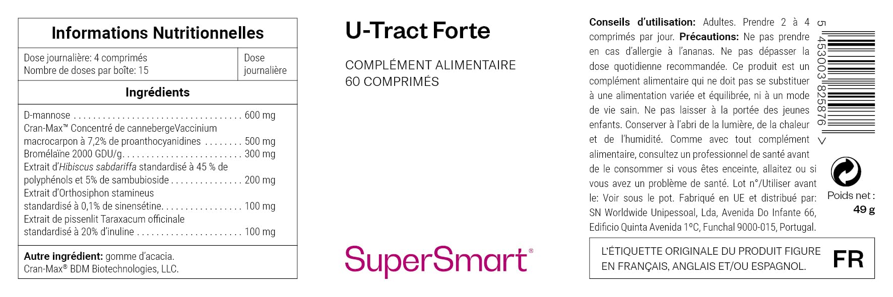 U-Tract Forte - Confort Urinaire - Extrait de Canneberge Breveté CranMax® - D-Manose, Bromélaïne, Pissenlit, Hibiscus, Cranberry - Atténue les gênes urinaires - Vegan - Sans Gluten - SuperSmart