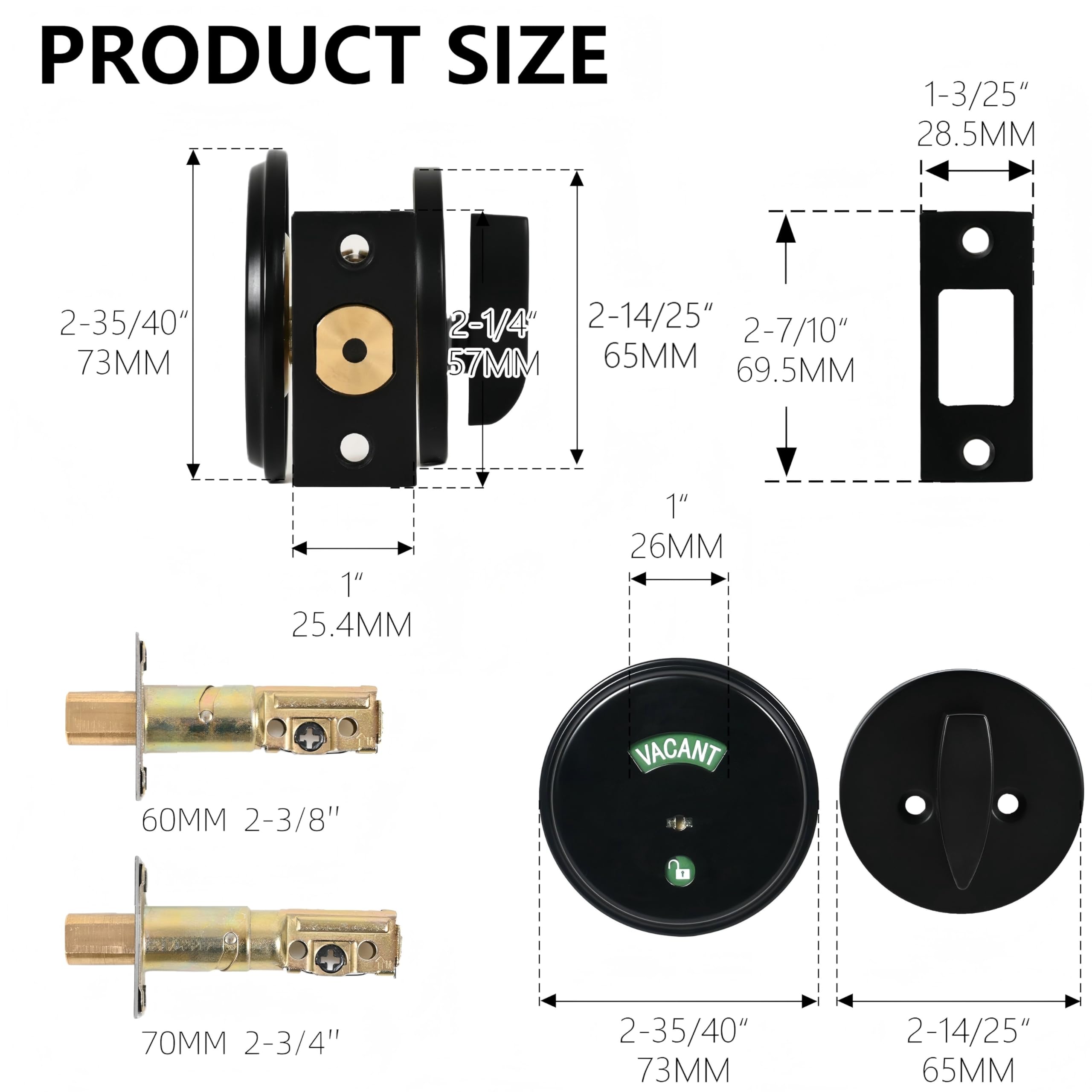 Cerrojo de seguridad de acero inoxidable con indicador negro mate, cerradura de puerta de privacidad de grado comercial, 2 60/70 mm, respaldo transparente en uso o vacío para baños públicos