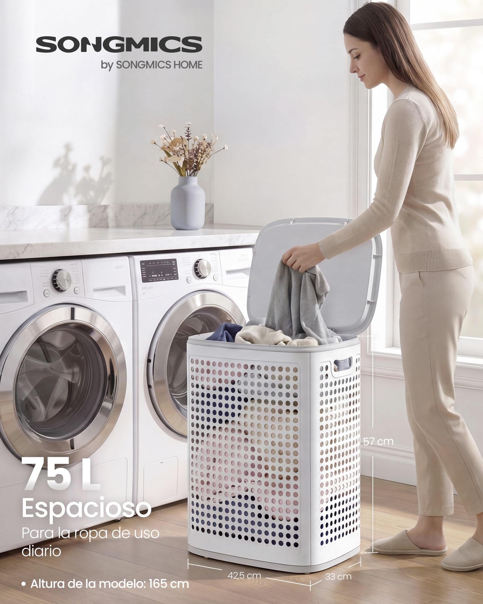 SONGMICS Cesto de Ropa con Tapa 75 L Plástico Blanco y Gris RLH021WG01
