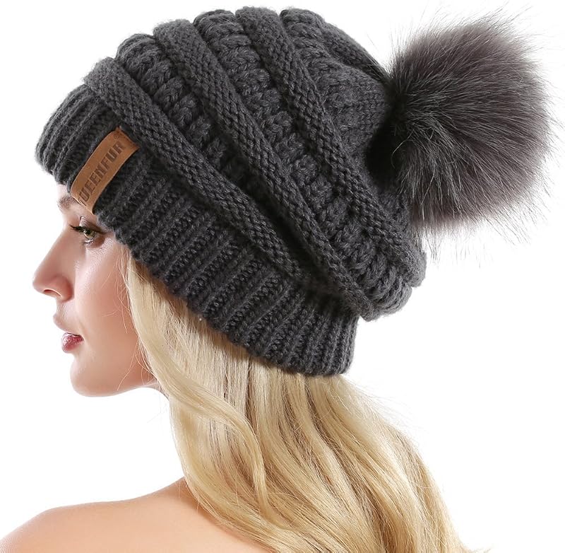 Gorro holgado de punto para mujer, gorro holgado y grueso con pompón de piel sintética, gorro de esquí suave y cálido para invierno