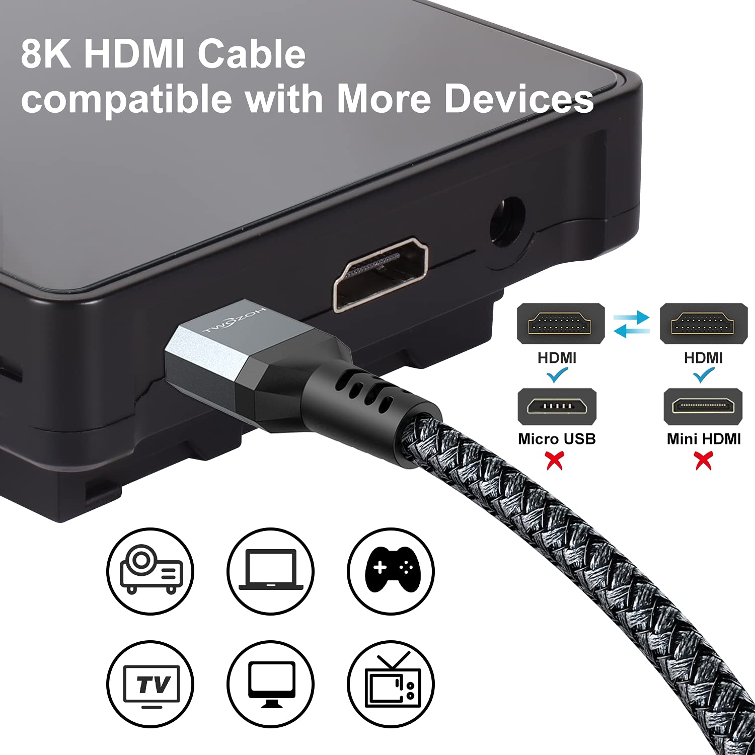 Twozoh Câble HDMI 8K 2M, Certifié 48Gbps Haute Vitesse Câble HDMI 2.1 8K@60Hz 4K@120Hz, Supporte 3D eARC HDR pour Apple TV, Roku, Fire TV, Nintendo Switch, PlayStation, PS5, Xbox One, Monitor, PC