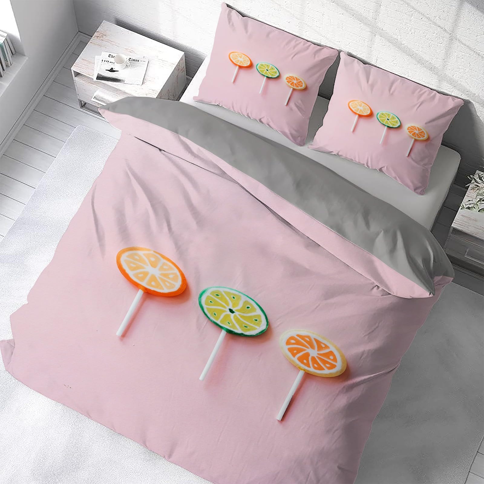 Poszwa na kołdrę 220x240 Zestaw pościeli z mikrofibry pomarańczowo-limonkowej, dla 2 osób i 2 x poszewki na poduszki 65x65 cm Komplet pościeli z zamknięciem na smoczek owocowy