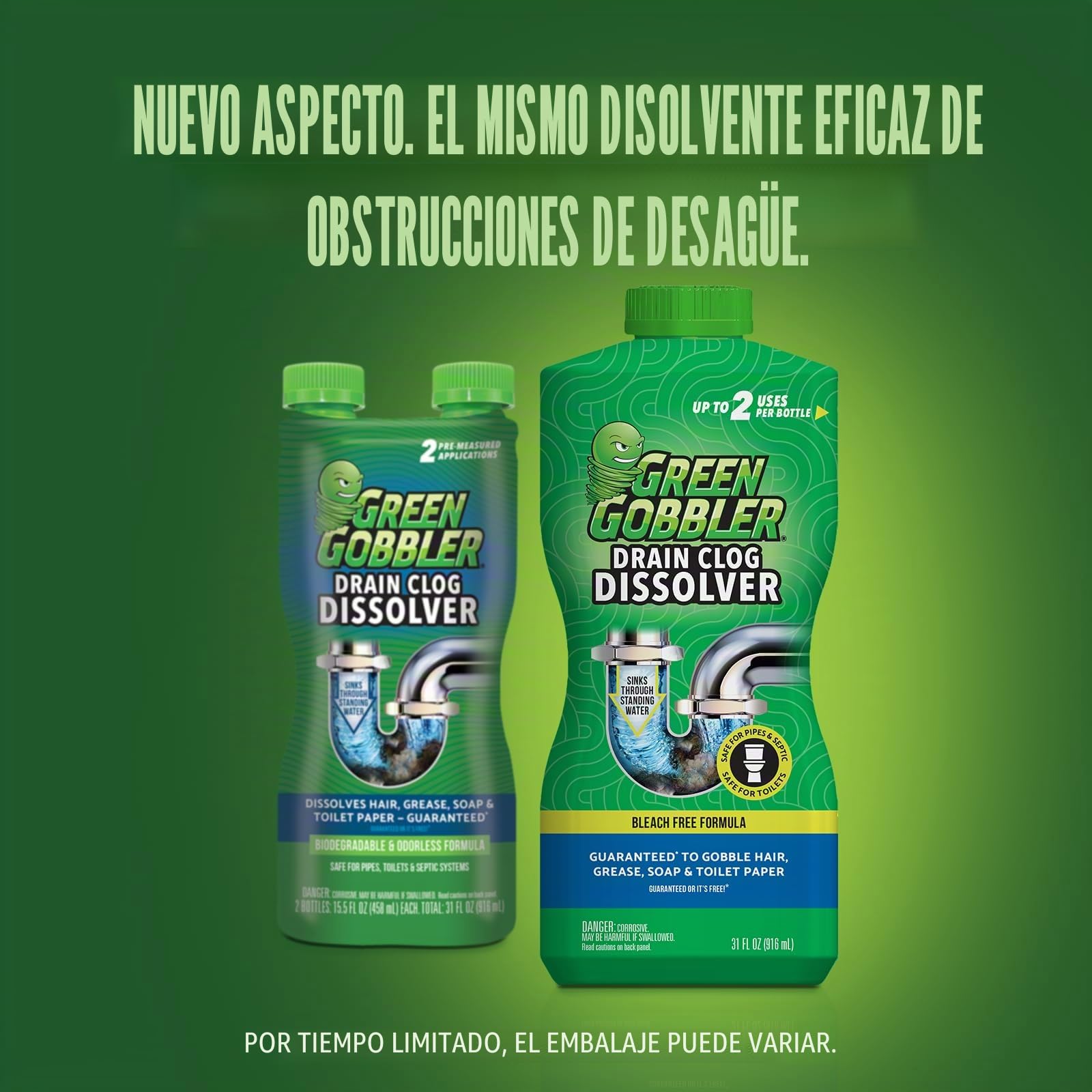 Green Gobbler GGDIS2CH32 Dissolve Líquido de Pelo y Grasa Clog Remover/limpiadores de desagües abrelatas/Drenaje (31 oz.) 32 oz Colorless