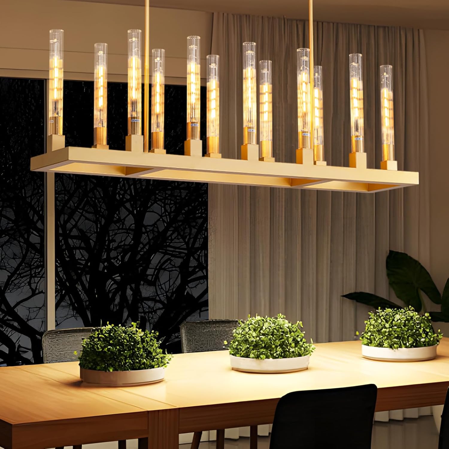 54" Gold 12-Light Rectangular Chandelier with Glass Tubes, Modern Linear Pendant Light for Dining Room Over Table, Kitchen Island, Living Room, Foyer