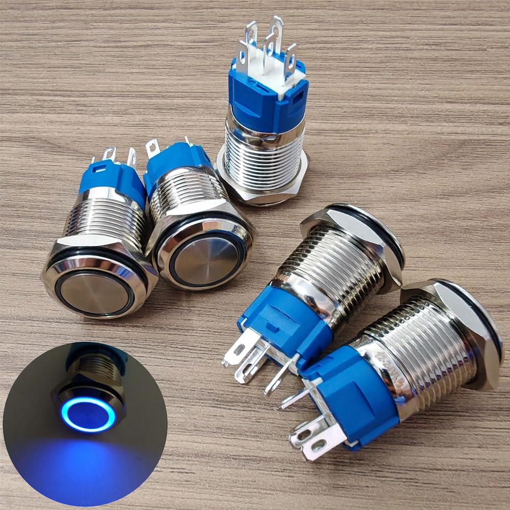 Gebildet 5 szt. 16mm Niebieski Metalowy Zatrzaskowy Przełącznik Przyciskowy LED Wodoodporny 12V-24V/5A 1NO 1NC WŁ./WYŁ. do Otworu Montażowego 5/8"