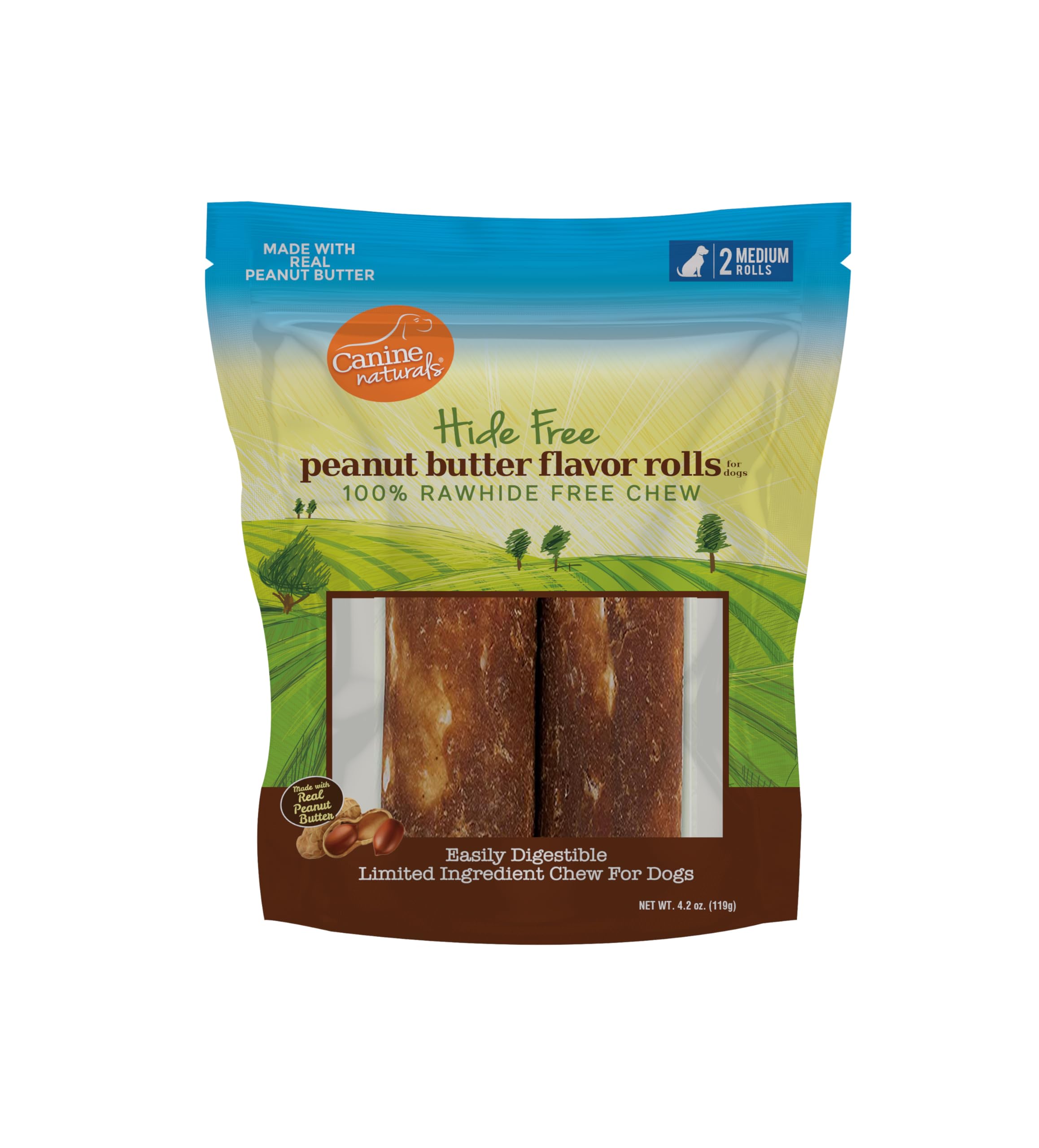 Canine Naturals Peanut Butter Chew - 100% Rawhide Free Dog Treats - Made with Real Peanut Butter - All-Natural and Easily Digestible - 2 Pack of 4