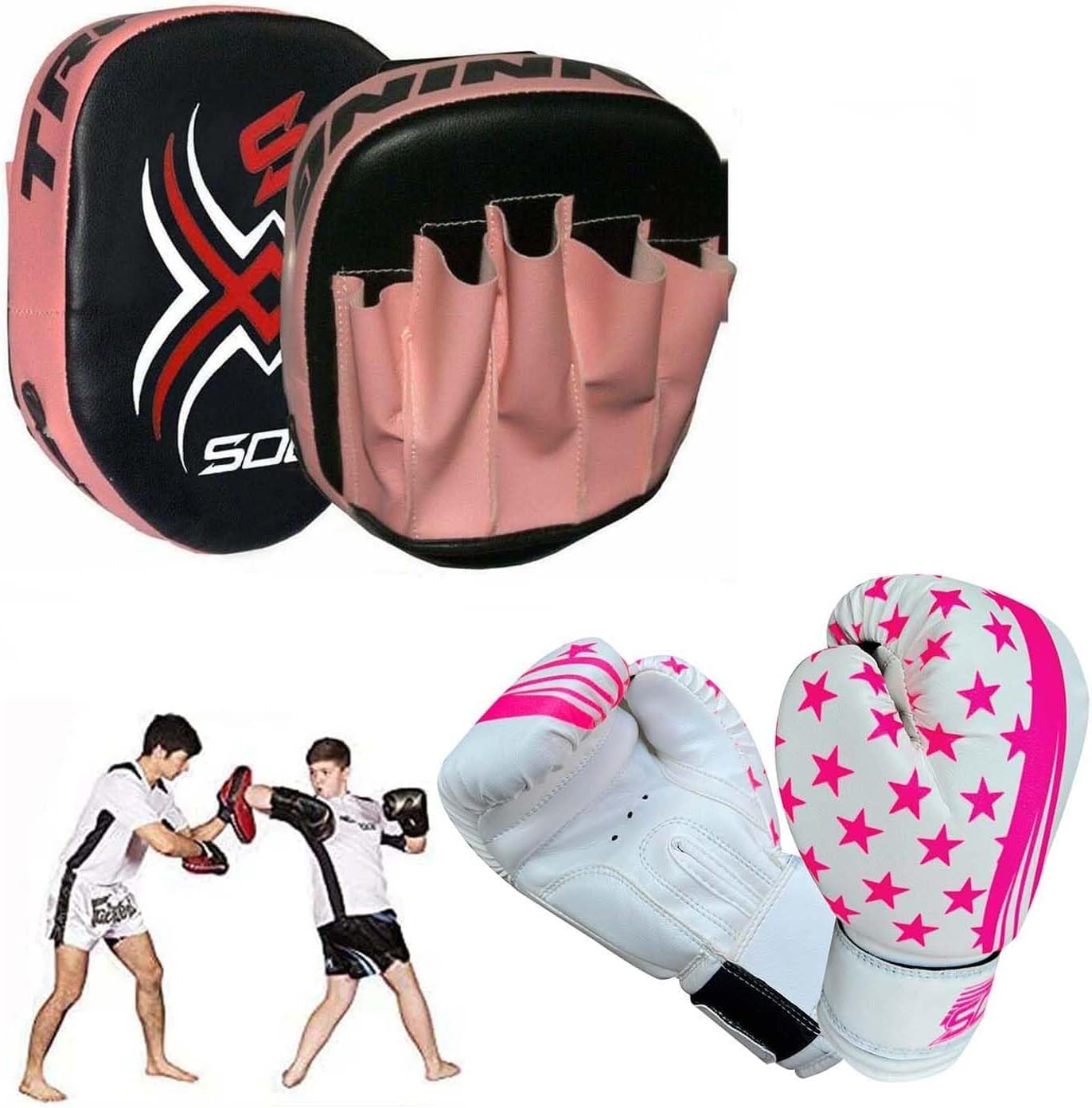 Kids Junior Focus Pads Set Hook & Jabs Pads Coaching Pad Pro Boxing Mitts Sparing Gloves Punching MMA Karate Training Mitten Target Hand Striking Shield (Pink/White)